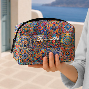 Elegant Red Yellow Mexican Talavera Monogram Tiles Dopp Kit
