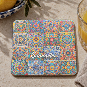 Elegant Red Yellow Mexican Talavera Tile Pattern Stone Coaster