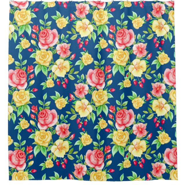 Elegant Red Yellow Rose Floral Pattern Shower Curtain (Front)