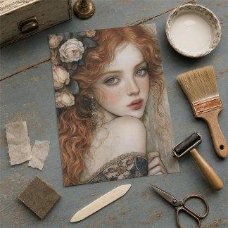 Elegant Redhead and Ivory Roses Decoupage Tissue Paper