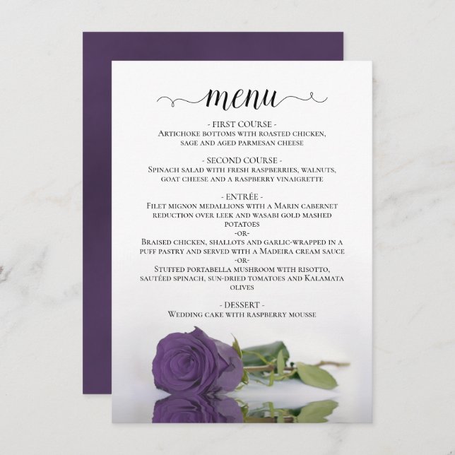 Elegant Reflecting Amethyst Purple Rose Wedding  Menu (Front/Back)