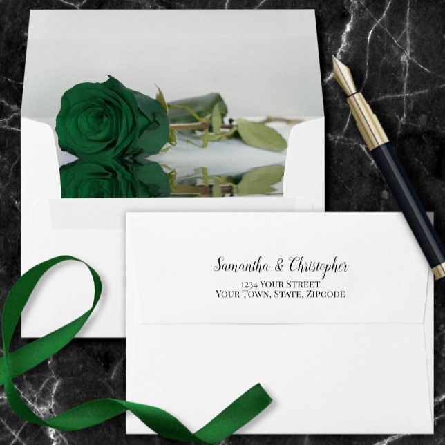 Elegant Reflecting Emerald Green Rose Wedding Envelope (Creator Uploaded)