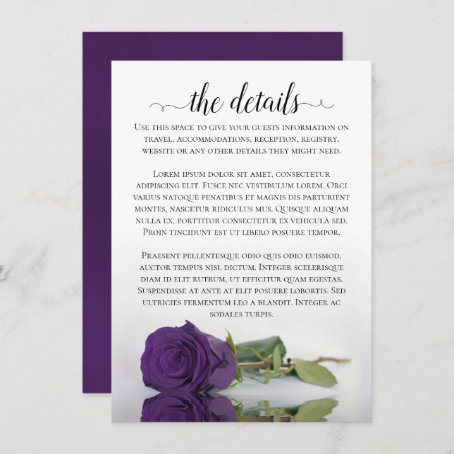 Elegant Reflecting Purple Rose Wedding Details Enclosure Card (Front/Back)