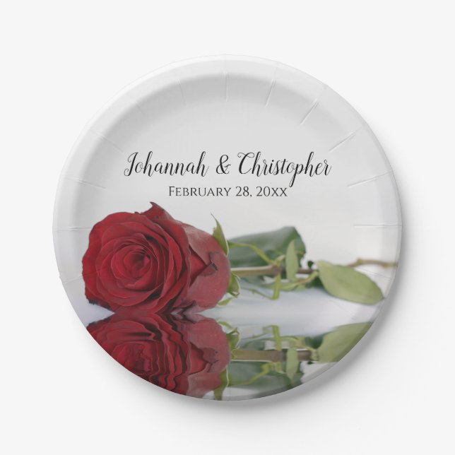 Elegant Reflecting Red Rose Romantic Wedding Paper Plate (Front)