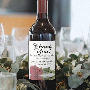 Elegant Reflecting Red Rose Wedding Thank You Wine Label