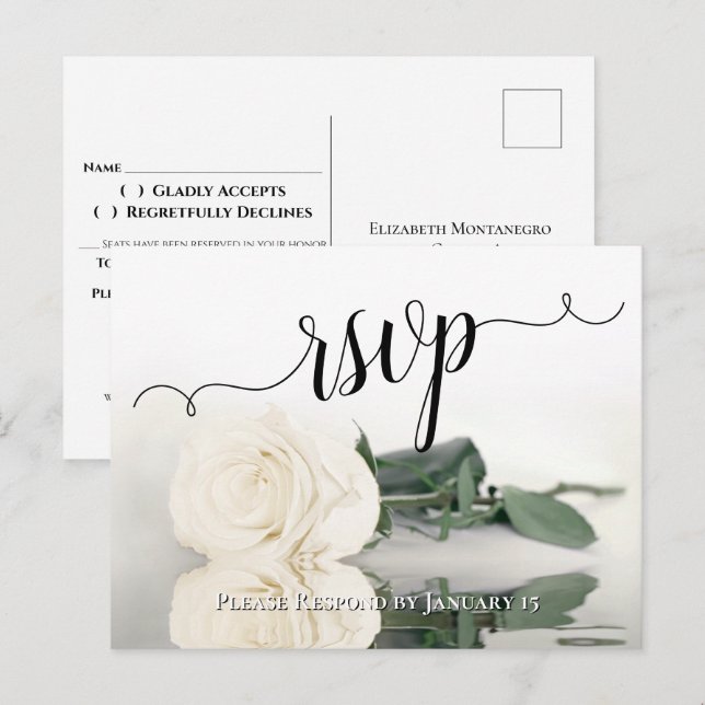 Elegant Reflecting White Ivory Rose Wedding RSVP Postcard (Front/Back)