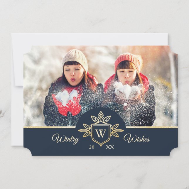 Elegant & Regal Family Monogram Gold & Navy Photo Holiday Card (Front)