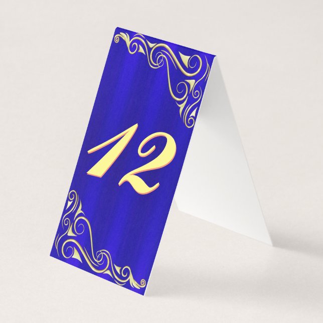 Elegant Regal Gold and Blue Flourish Table Card (Front)