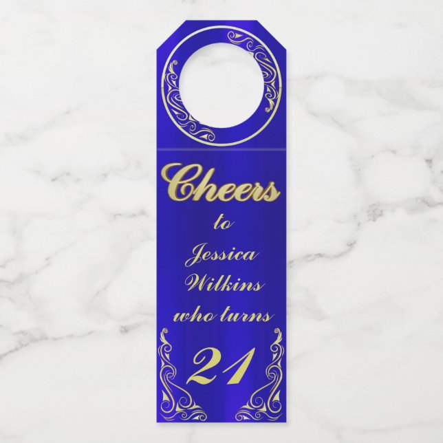 Elegant Regal Golden Royal Blue Birthday Bottle Tag (Front)