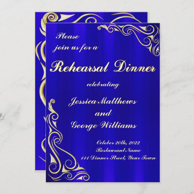 Elegant Regal Golden Royal Blue Rehearsal Dinner Invitation (Front/Back)