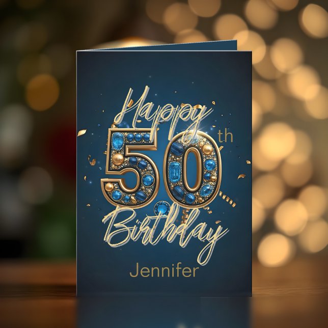 Elegant Regal Midnight Blue and Gold 50th Birthday Card (Creator Uploaded)