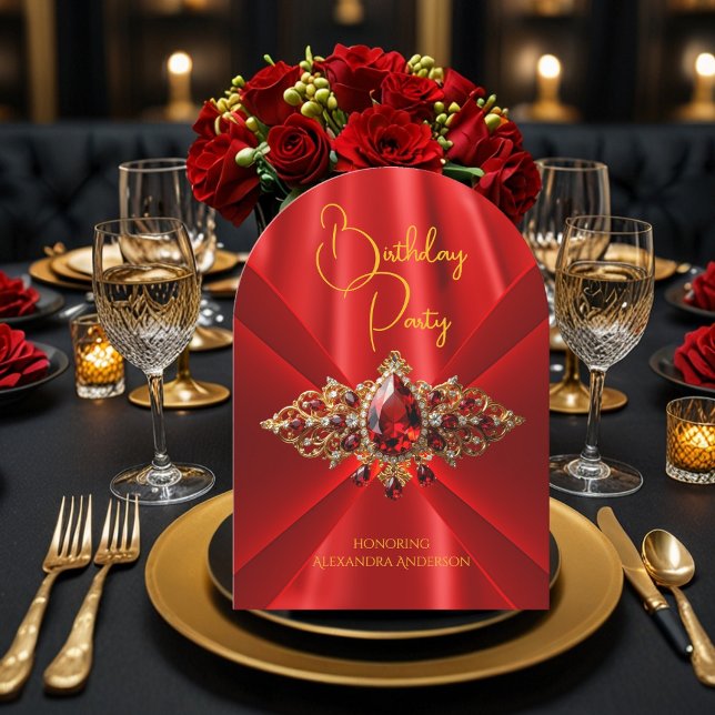 Elegant Regal Red Birthday Gold Jewel Faux Silk Invitation (Creator Uploaded)