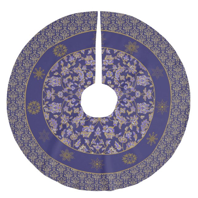 Elegant Regency Blue Damask Christmas Tree Skirt (Front)