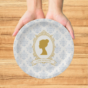 Elegant Regency Era Blue and Gold Bridal Shower Paper Plate