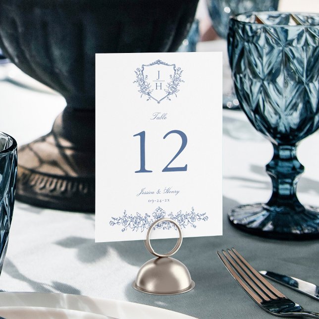 Elegant Regency Floral Crest Blue Wedding  Table Number (Creator Uploaded)