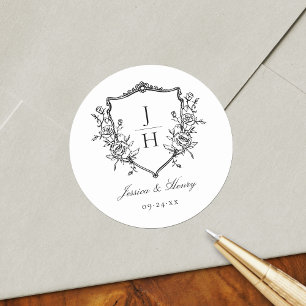 Elegant Regency Floral Crest Monogram Wedding Classic Round Sticker