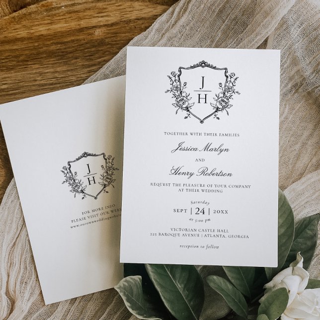 Elegant Regency Floral Crest Monogram Wedding  Invitation (Creator Uploaded)