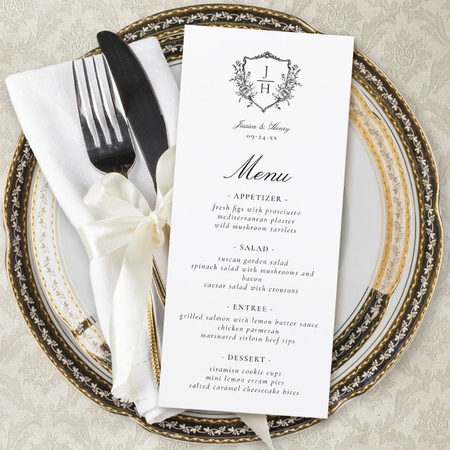 Elegant Regency Floral Crest Monogram Wedding  Menu (Creator Uploaded)