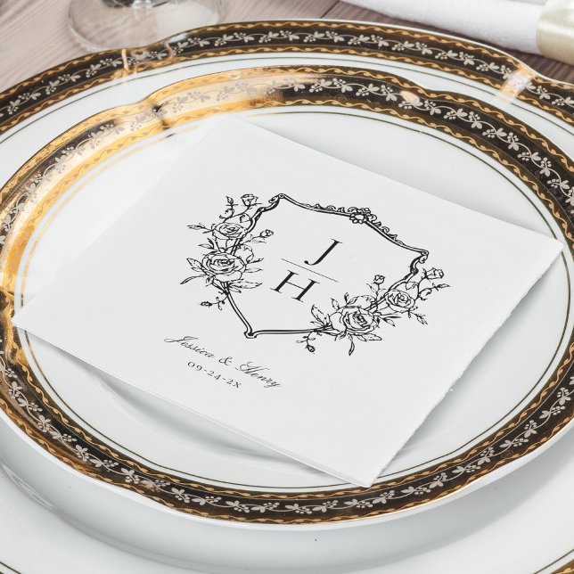Elegant Regency Floral Crest Monogram Wedding  Napkin (Creator Uploaded)