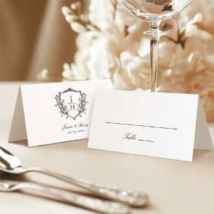 Elegant Regency Floral Crest Monogram Wedding  Place Card