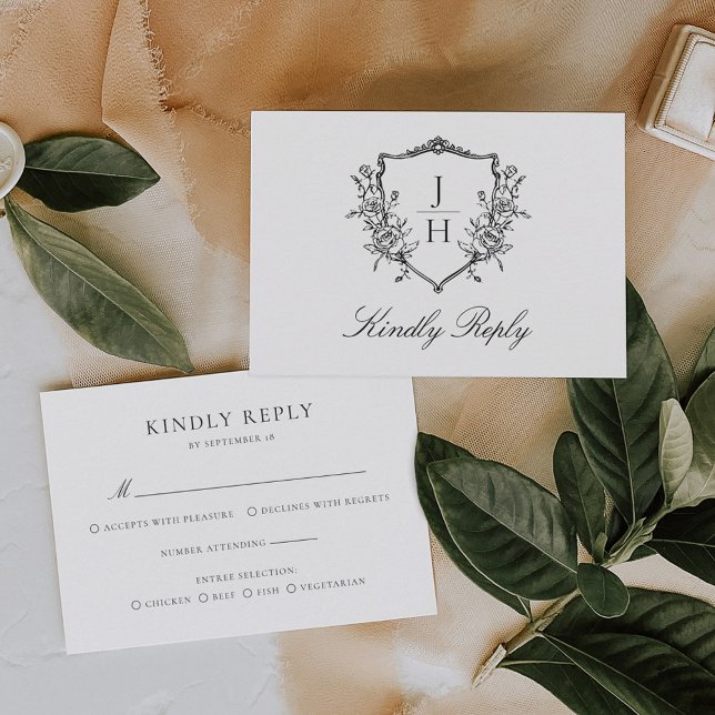 Elegant Regency Floral Crest Monogram Wedding  RSVP Card (Creator Uploaded)