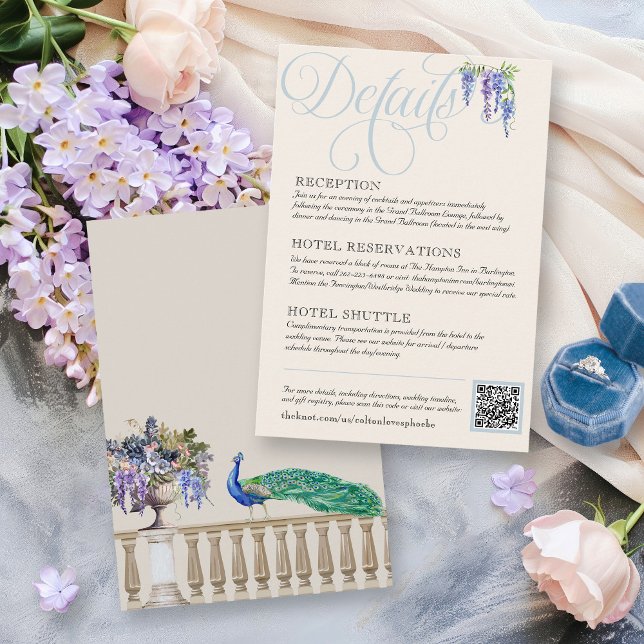 Elegant Regency Peacock Garden Wedding Details Enclosure Card (Dusty cream Regency era English French Garden wisteria floral peacock Bridgerton Wedding details)