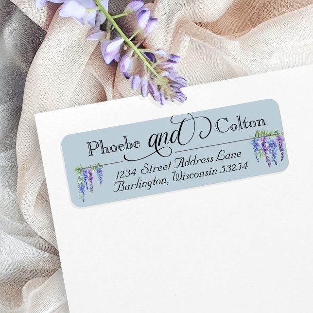 Elegant Regency Wisteria Garden Wedding Address (Elegant dusty blue Regency vintage script Bridgerton floral wisteria wedding return address label)