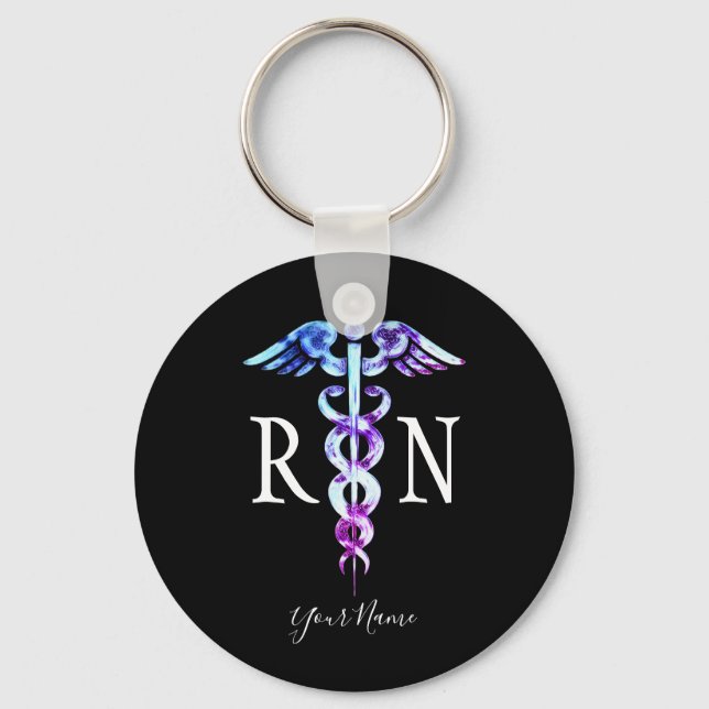 Elegant Registered Nurse Purple Blue Personalised Key Ring (Front)