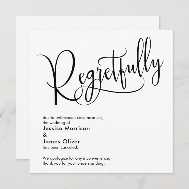 Elegant "Regretfully" Cancelled Wedding Card (Front/Back)