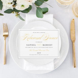 Elegant Rehearsal Dinner Black and Gold on White Invitation