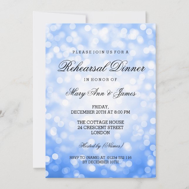 Elegant Rehearsal Dinner Blue Glitter Lights Invitation (Front)