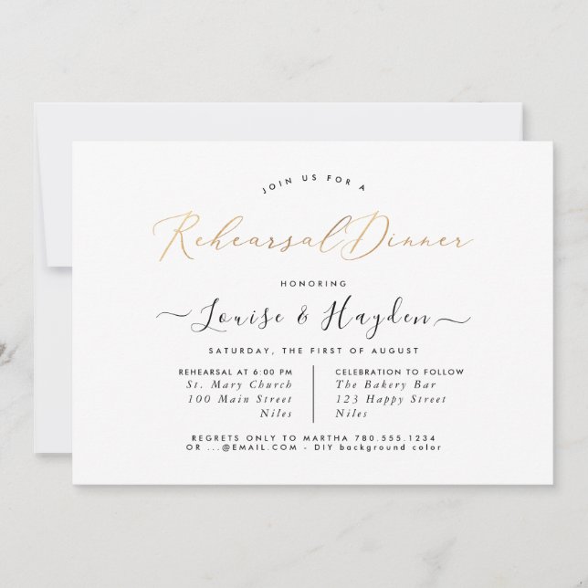 Elegant Rehearsal Dinner,  Faux Gold Luxe Script Invitation (Front)
