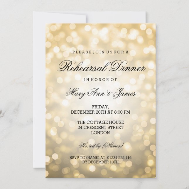 Elegant Rehearsal Dinner Gold Glitter Lights Invitation (Front)