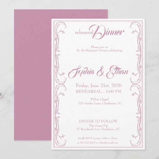 Elegant Rehearsal Dinner Invitation – Pink Rose F (Front/Back)