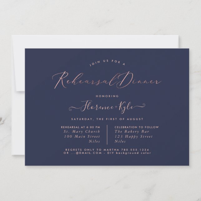 Elegant Rehearsal Dinner,  Rose Gold Luxe Script Invitation (Front)