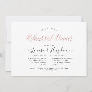 Elegant Rehearsal Dinner, Rose Gold Modern Script Announcement