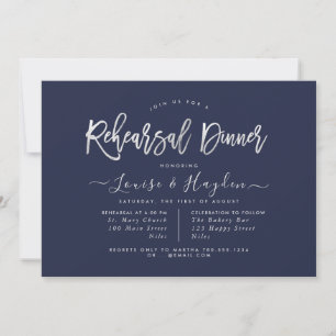 Elegant Rehearsal Dinner, Silver Modern Script Announcement
