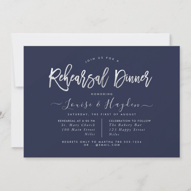 Elegant Rehearsal Dinner, Silver Modern Script Announcement (Front)