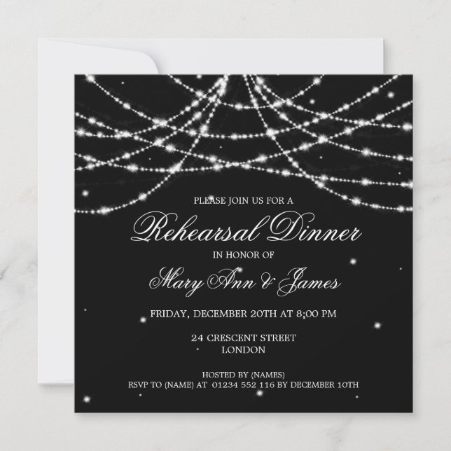 Elegant Rehearsal Dinner Sparkling String Black Invitation (Front)
