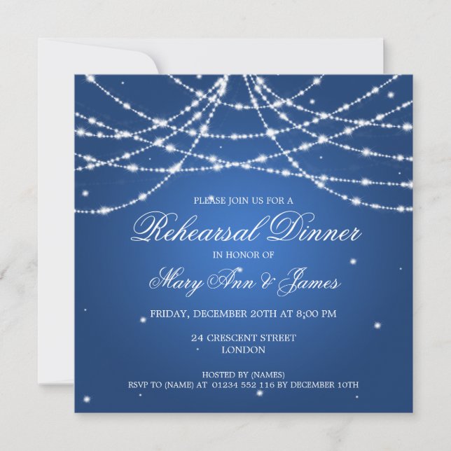 Elegant Rehearsal Dinner Sparkling String Blue Invitation (Front)