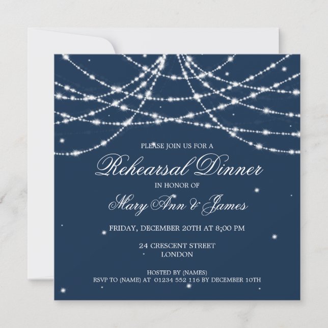 Elegant Rehearsal Dinner Sparkling String Navy  Invitation (Front)