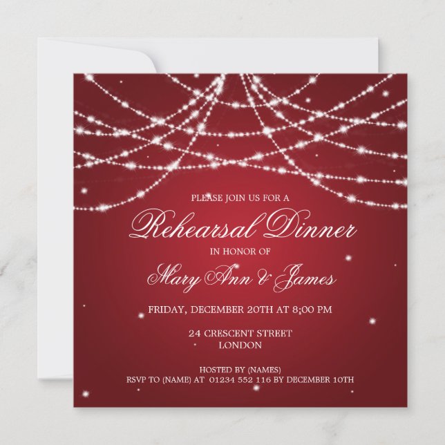 Elegant Rehearsal Dinner Sparkling String Red Invitation (Front)