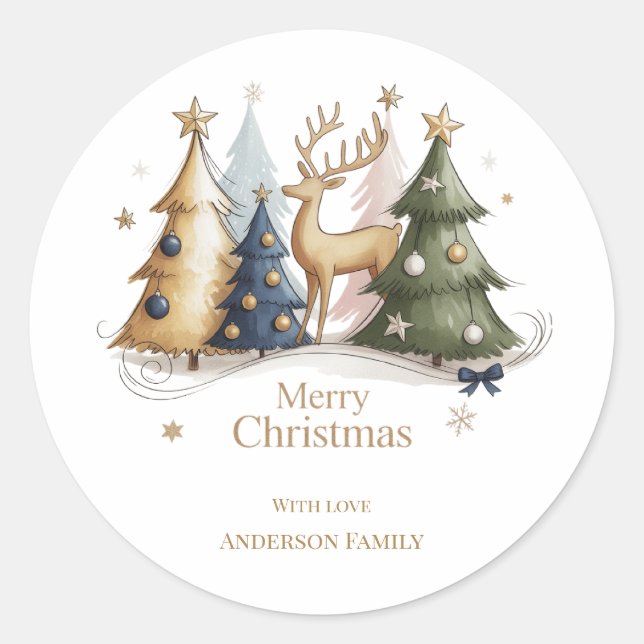 Elegant Reindeer and Christmas Trees – Holiday Classic Round Sticker (Front)