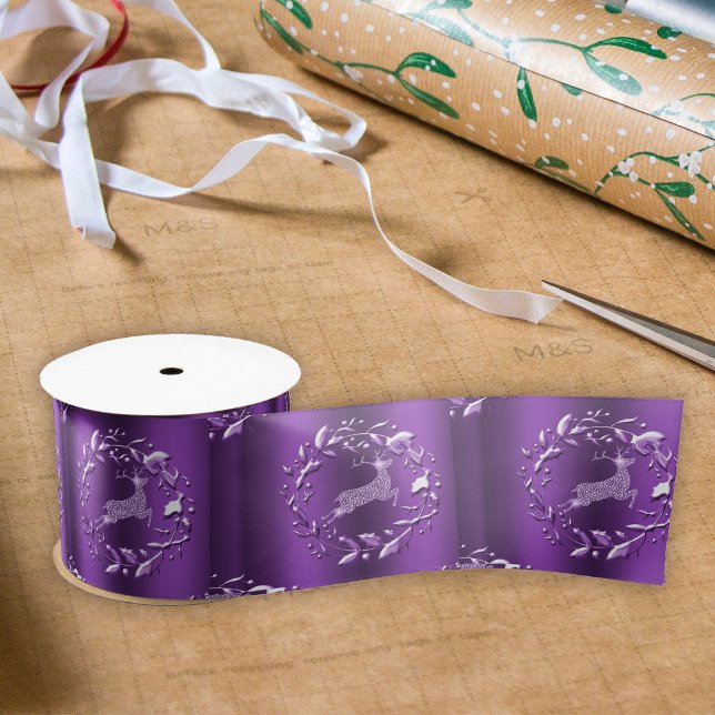 Elegant Reindeer and Wreaths Purple Christmas Satin Ribbon (Elegant Reindeer and Wreaths Purple Christmas Satin Ribbon by the Olde Christmas Shoppe)