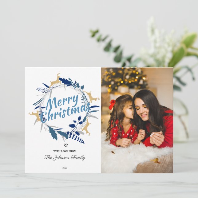 Elegant Reindeer Floral Christmas Wreath Photo Hol Holiday Card (Standing Front)