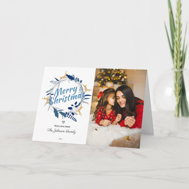 Elegant Reindeer Floral Christmas Wreath Photo Holiday Card (Front)
