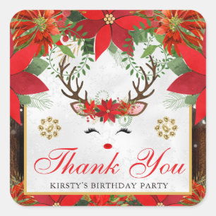 Elegant Reindeer Poinsettia Birthday Favor Square Sticker