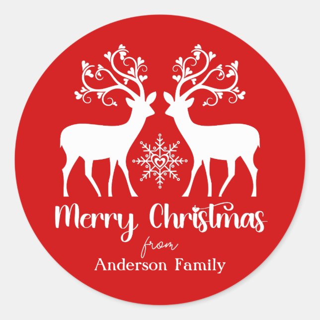 Elegant Reindeers Merry Christmas Family Name Red Classic Round Sticker (Front)