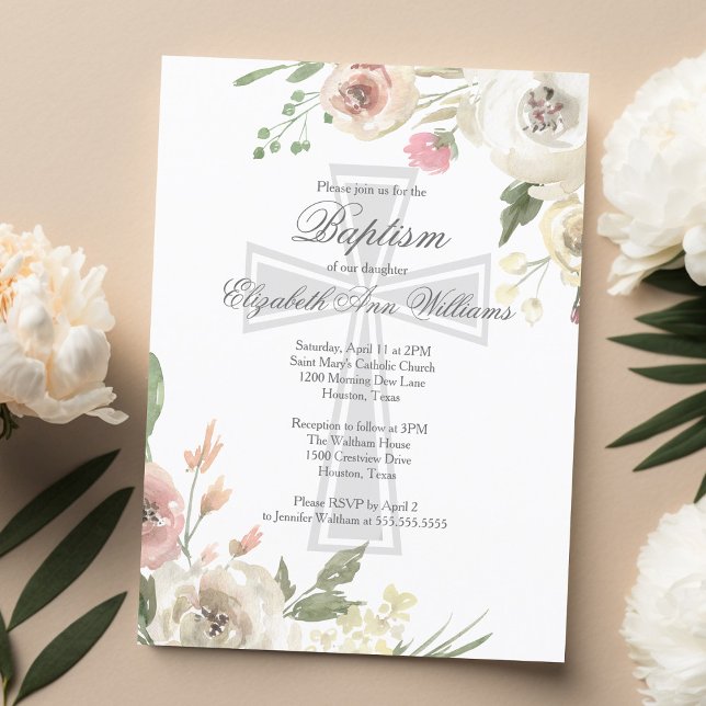 Elegant Religious Baptism Ceremony Pink Floral Postcard (Creator Uploaded)