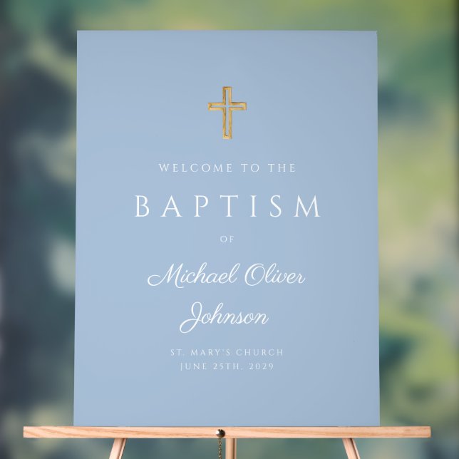 Elegant Religious Blue Baby Boy Baptism Welcome Acrylic Sign (Neutral)